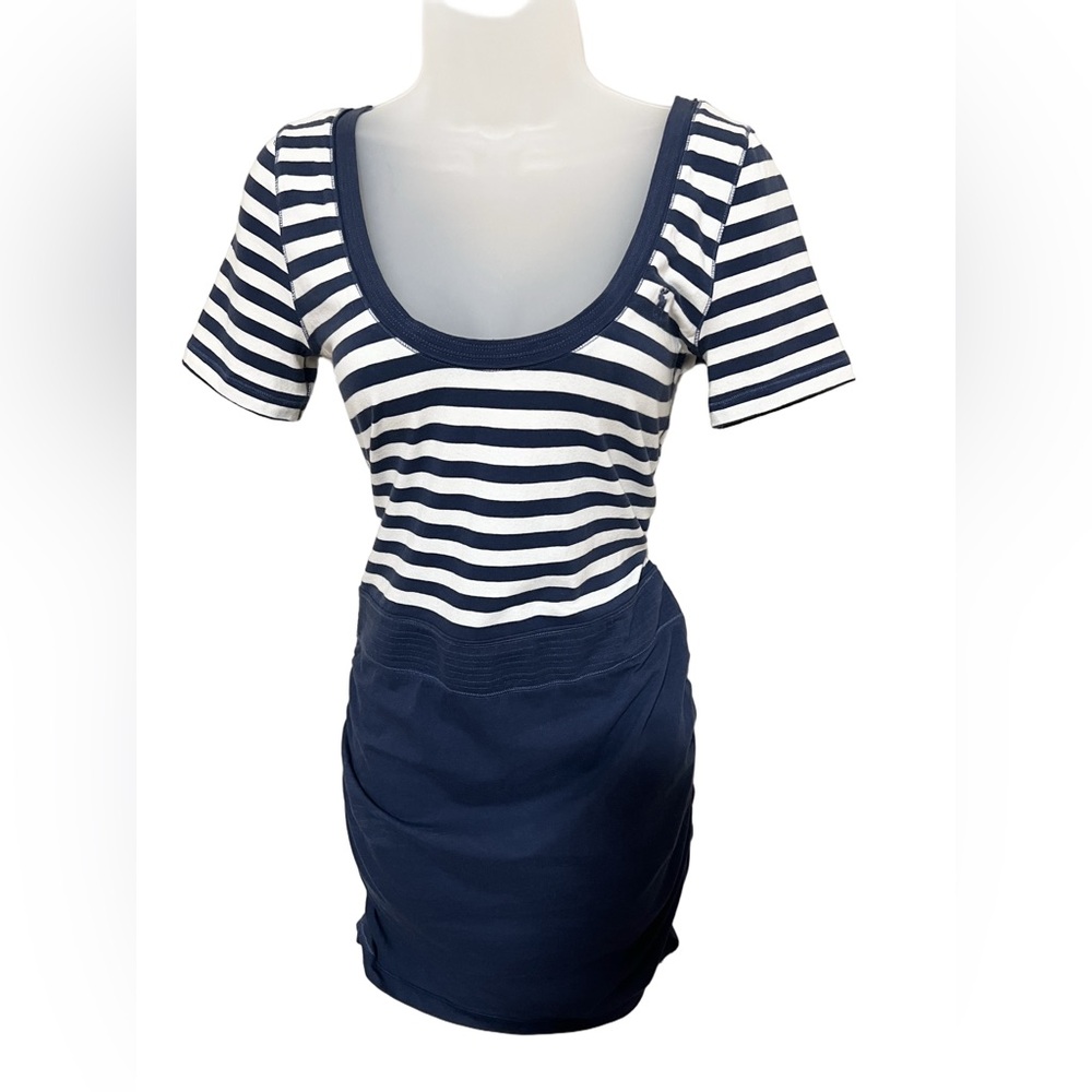 Y2K Abercrombie & Fitch Dress L Bodycon Moose Logo Ruched Stripe Navy White
